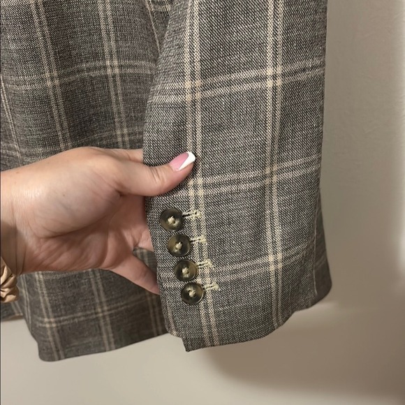 Express Women's Gray Blazer Windowpane‎ Plaid Collared Linen Blend - Picture 5 of 8